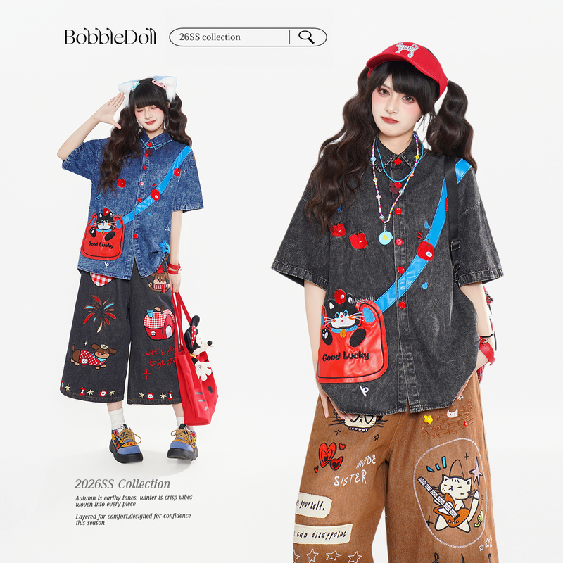 Bubbledoll American Retro Fun Washed-Out Cute Cat Embroidered Denim Shirt Women's Short-Sleeved Loose Top