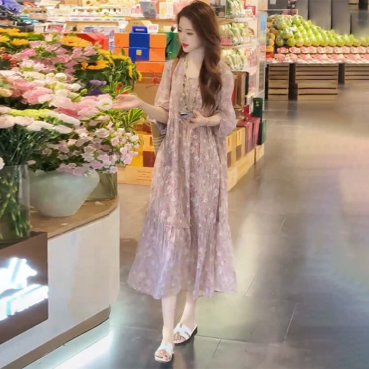 Rouje Moaks High-End Versatile Silk Dress Summer Patchwork Slimming Floral Round Neck Loose Mid-Length Dress Rouje Moaks High-End Versatile Silk Dress Summer Patchwork Slimming Floral Round Neck Loose Mid-Length Dress