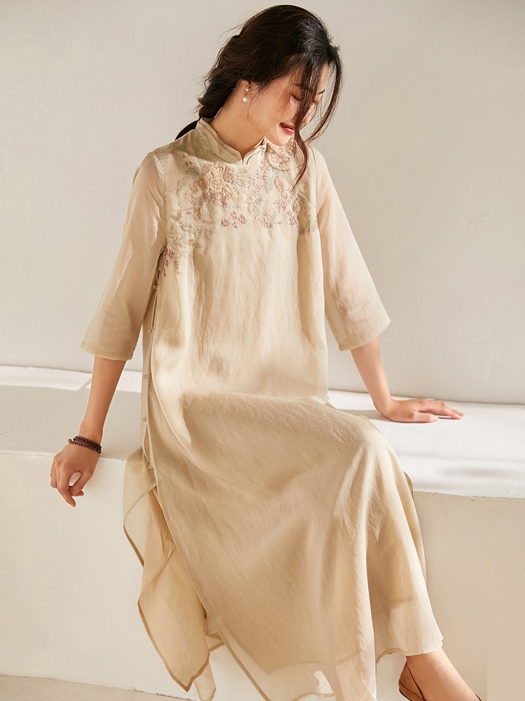 复古中国风棉麻连衣裙春夏出街被追着问链接的茶服长裙