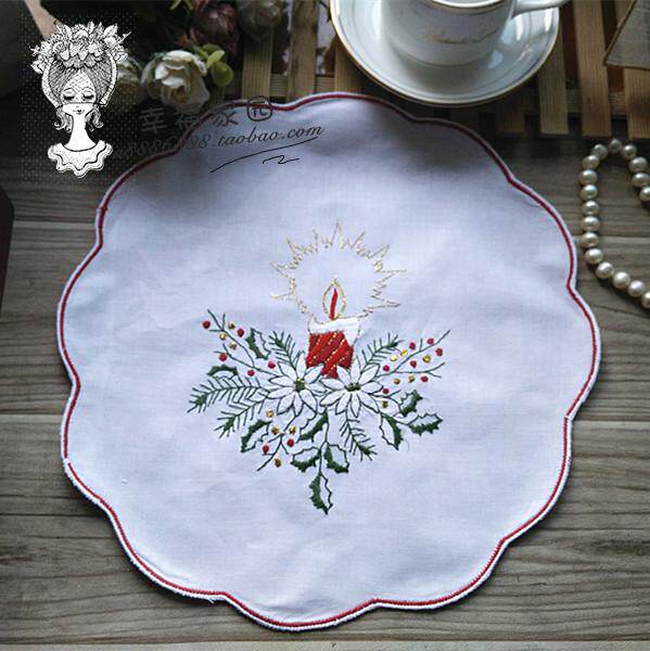 On December New * foreign trade export original single white pure cotton circular dining pad tray cushion cup cushion for Christmas painting