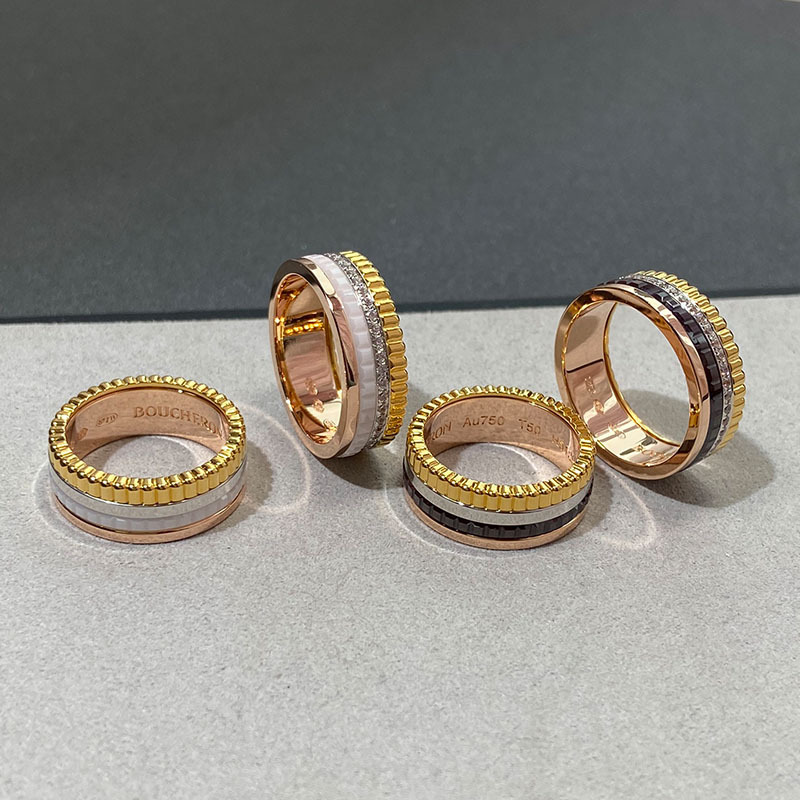 Black and White Ceramic Rings with Color-Blocking, Multi-Layered 18K Gold Gear Design, Diamond-Studded Couple Rings, Non-Fading Rings for Men and Women