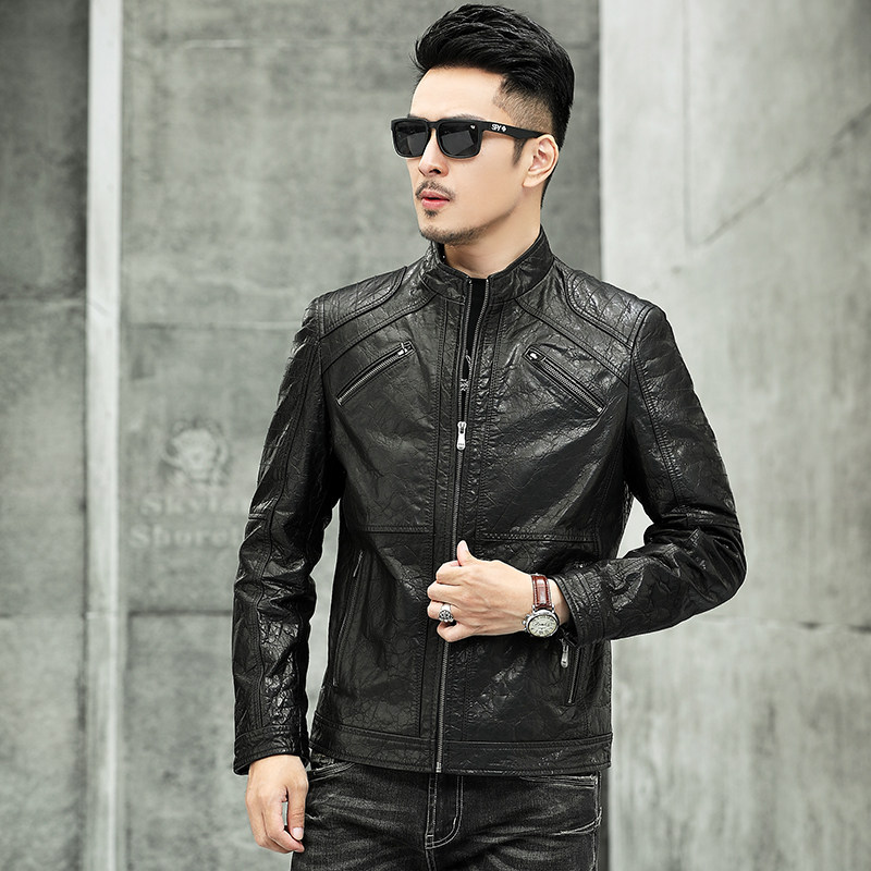 Leather Clothing Men Genuine Leather Calf Leather Retro wrinkled Locomotive Jacket neckline Vertical Collar Casual Youth Short men's clothing