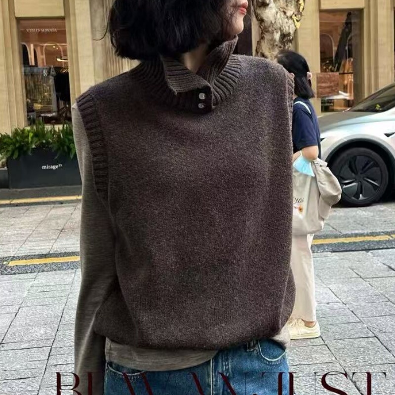 Old Money Style Layered Half-Open Stand Collar Pure Wool Vest Sweater for Women, Brown High Collar Sleeveless Knit Base Layer