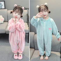 Girl Conjoined Sleeping Clothes Autumn Winter Flannel Thickened 1 Coral Suede 2 Childrens Home Conserved Baby Girl Sleeping Bag