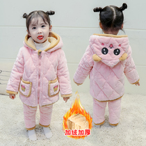 Children winter pyjamas triple laminated cotton thickened Flannel Girls Home Clothing Winter Baby Coral Suede Suit