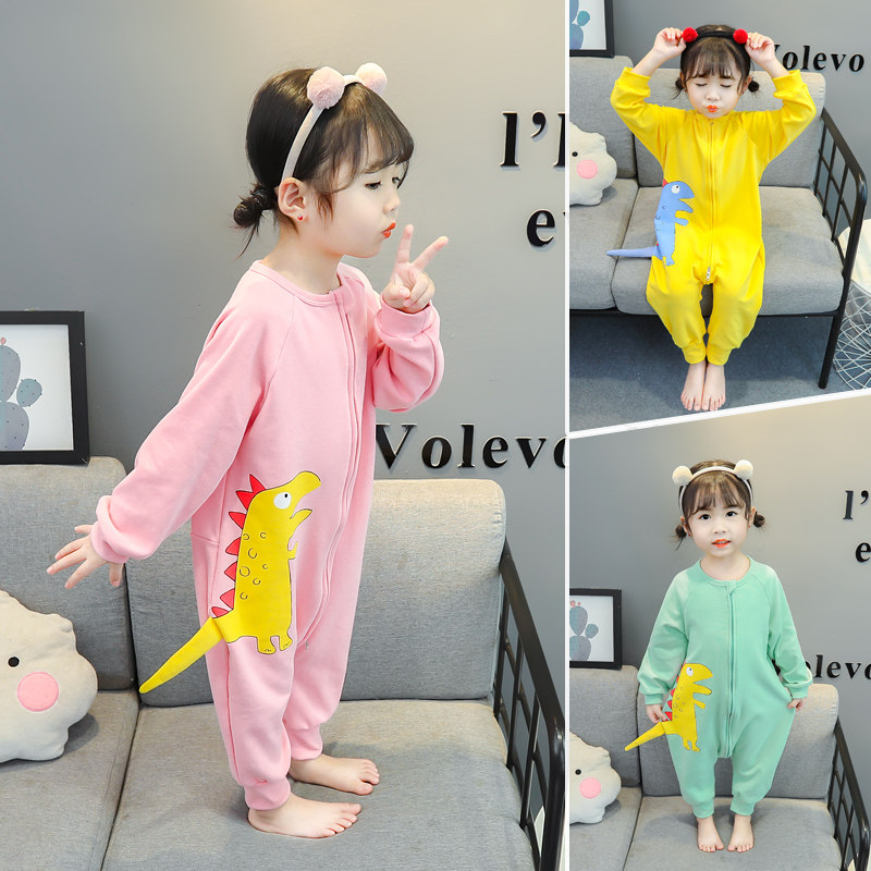 Children connected to sleep in spring autumn season pure cotton boy long sleeve sleeping bag dinosaur stay-at-home female baby anti-kick by home
