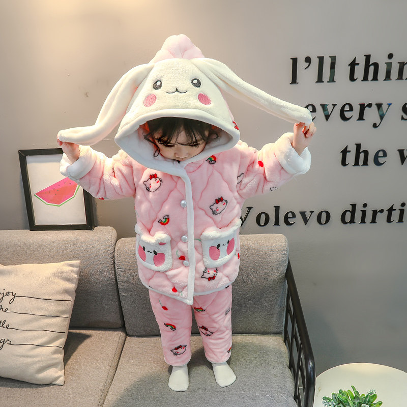 Children's Pyjamas Girls Winter Children Triple Layers Cotton Suit Thickened Coral Suede Home Conserved Baby Flannel