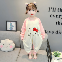 Children's conjoined pajamas girls spring and autumn cotton long sleeve baby girl anti-kick sleeping bag anti-cold climbing clothing home clothing