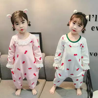 Girls cotton one-piece Spring baby anti-kick belly protection sleeping bag Girls spring and autumn pajamas children's long-sleeved loungewear