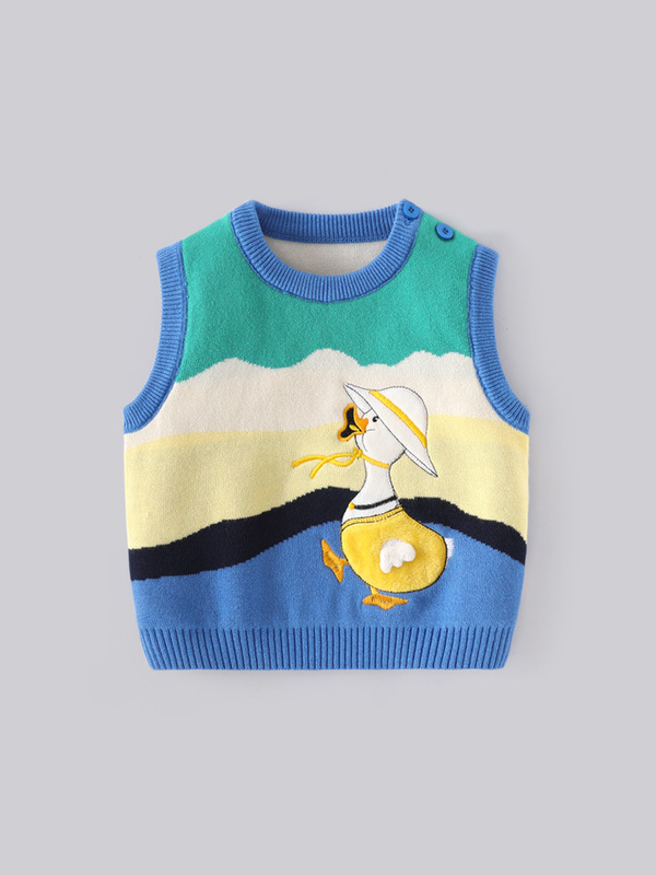 Spring New Children's Knitted Vest Boys' Cartoon Vest Girls' Color-Blocked Duck Round-Neck Belly-Protecting Vest Sweater