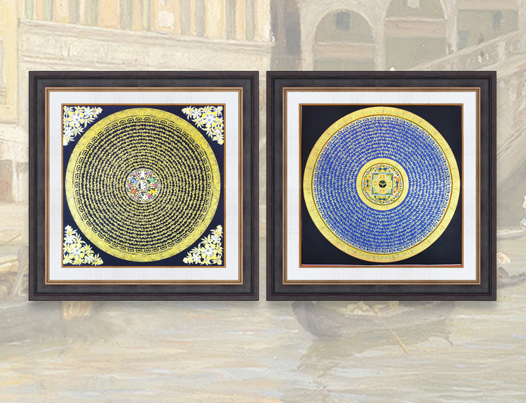 Tibet Nepal Pure Hand painted Donka Living room Xuanguan Tea Room Decoration hanging painting Six words True words 50 * 50cm0410