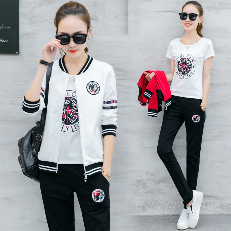 运动套装女2017秋季新款韩版潮流显瘦棒球服女开衫外穿卫衣三件套
