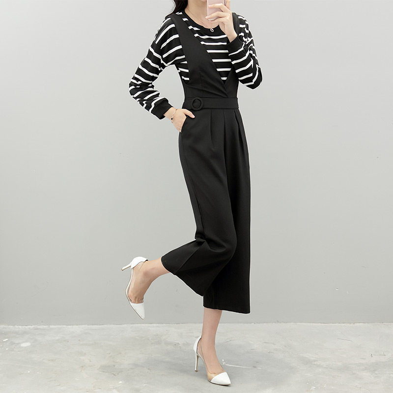 背带阔腿裤时尚套装夏女装2017新款韩版长袖条纹上衣九分裤两件套