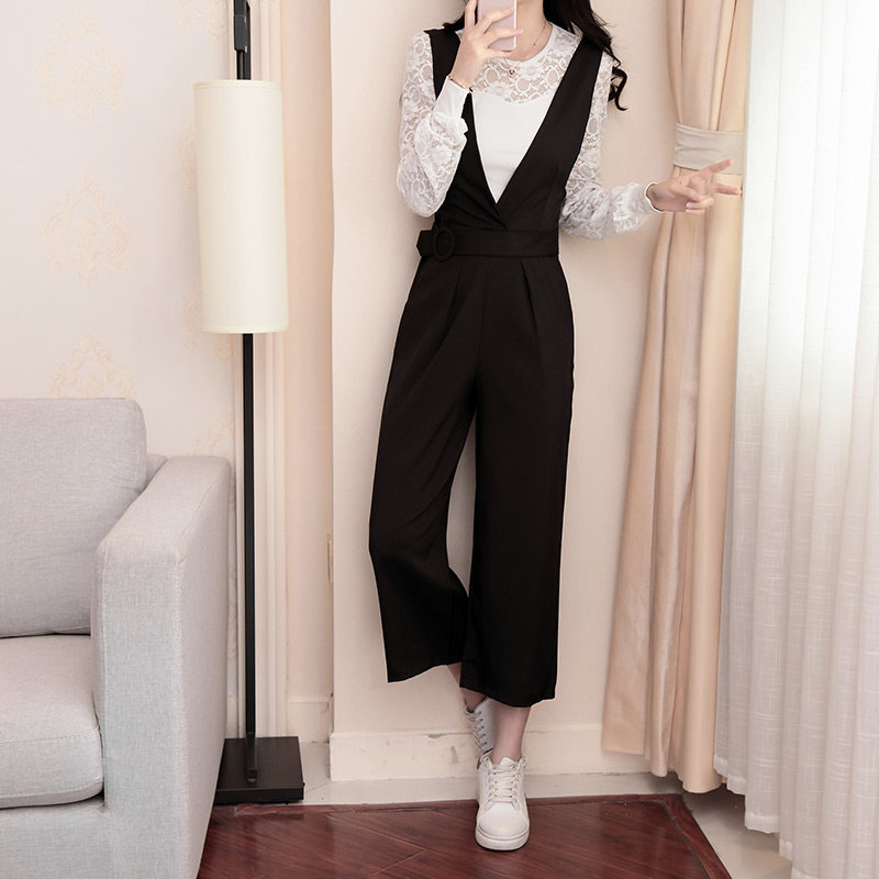 阔腿背带裤套装女2017秋装新款气质长袖高腰九分裤时尚职业女装潮