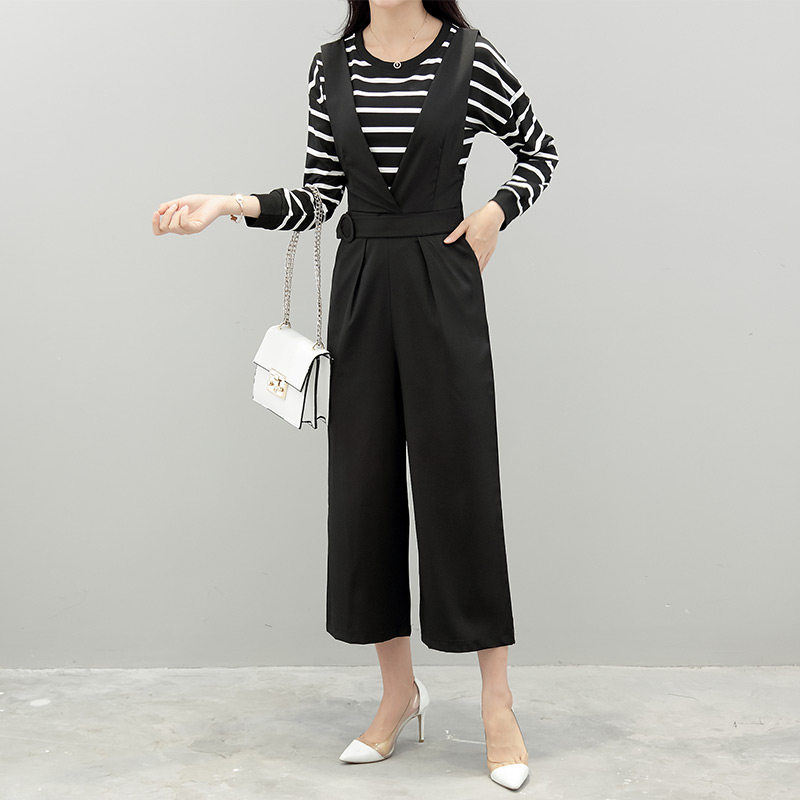 背带阔腿裤套装女夏2017新款高腰休闲chic九分裤子条纹长袖两件套