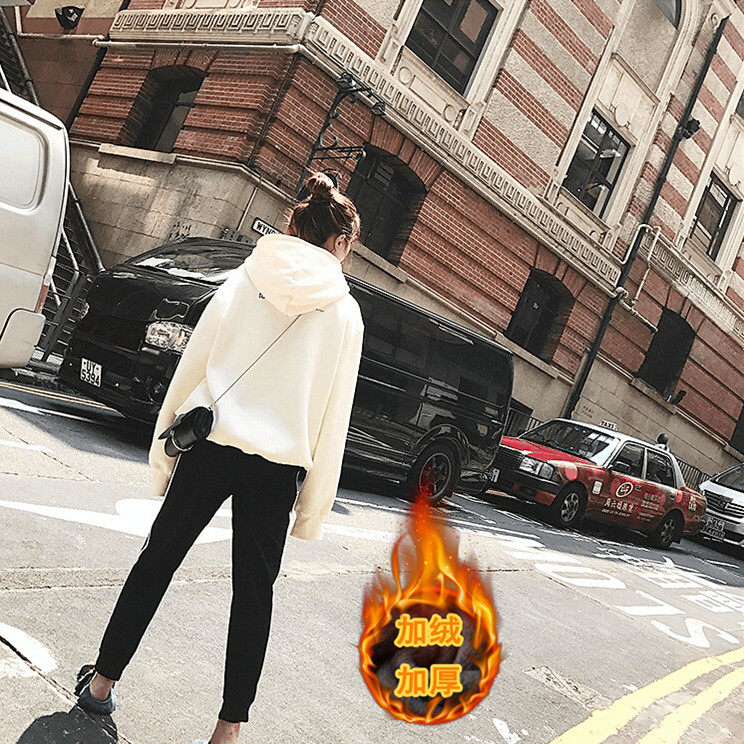 秋冬女装韩版学院风加厚宽松连帽套头长袖卫衣小脚裤带绒两件套装