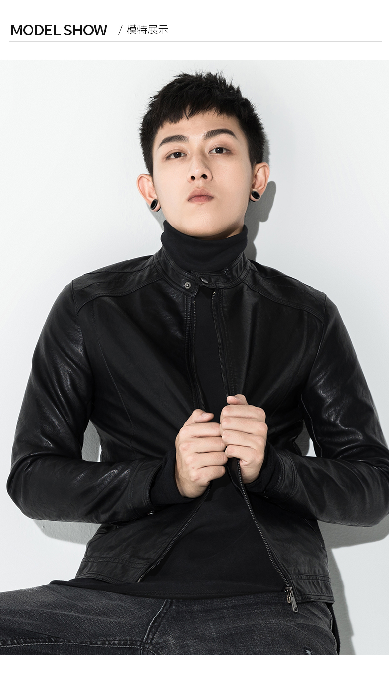 Màu đen sự lựa chọn của nam giới áo khoác da ngắn Slim Áo mùa thu Hàn Quốc thanh niên pu da đứng cổ áo quần áo thủy triều áo khoác bò nam