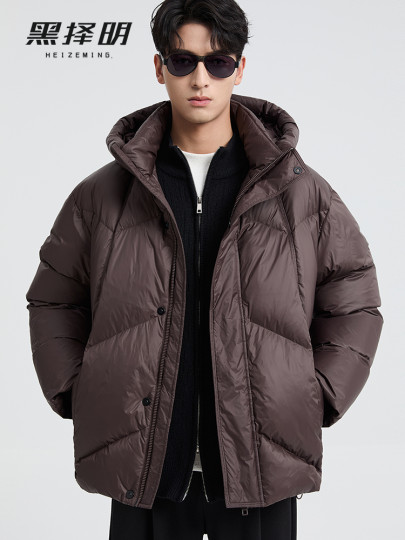 Black Zeming's new winter men's short hooded down jacket with trendy design for commuting, windproof, warm and thickened jacket