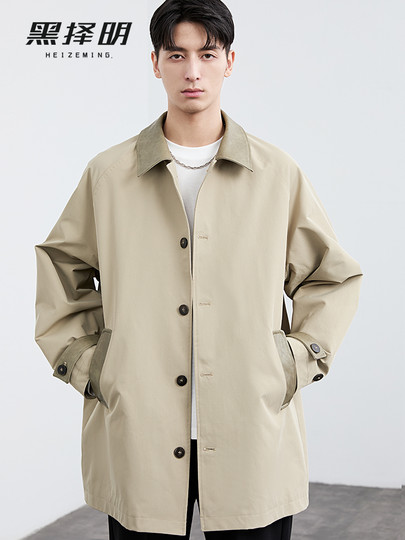 Black Ze Ming men's spliced ​​design windbreaker spring and autumn fashion trend Korean style high-end casual mid-length jacket