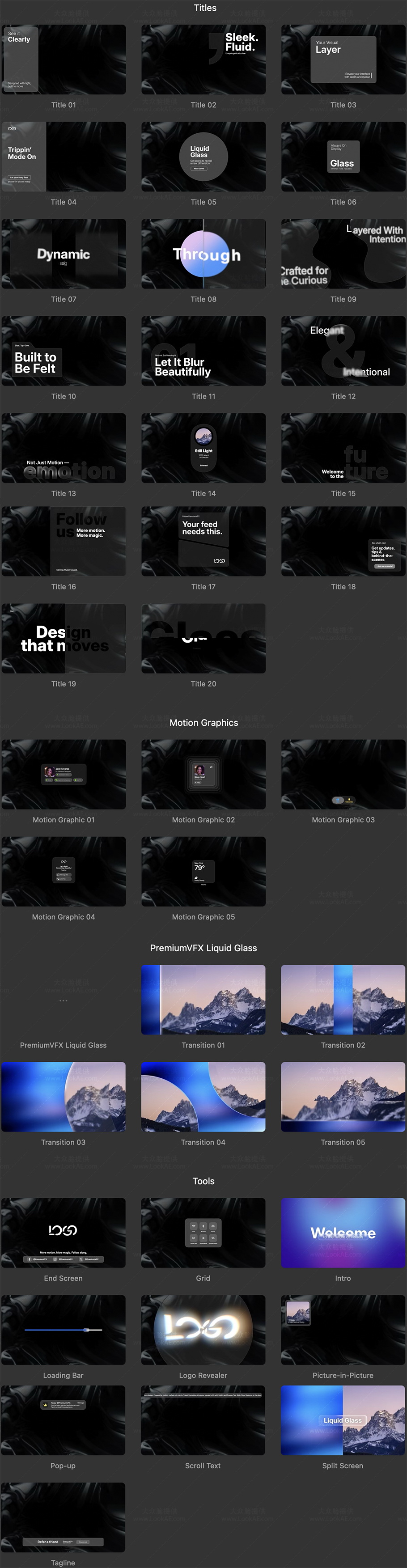 FCPX插件-40个优雅透明玻璃质感文字标题排版动画预设-LookAE.com FCPX插件-40个优雅透明玻璃质感文字标题排版动画预设