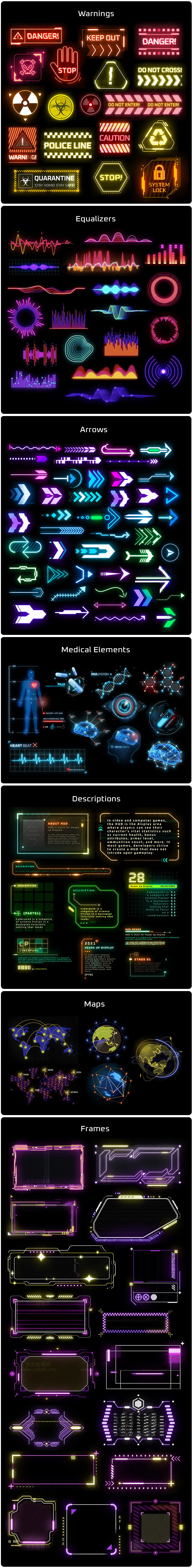 AE脚本-500+未来科幻赛博朋克科技感UI元素动画 Cyberpunk HUD Elements