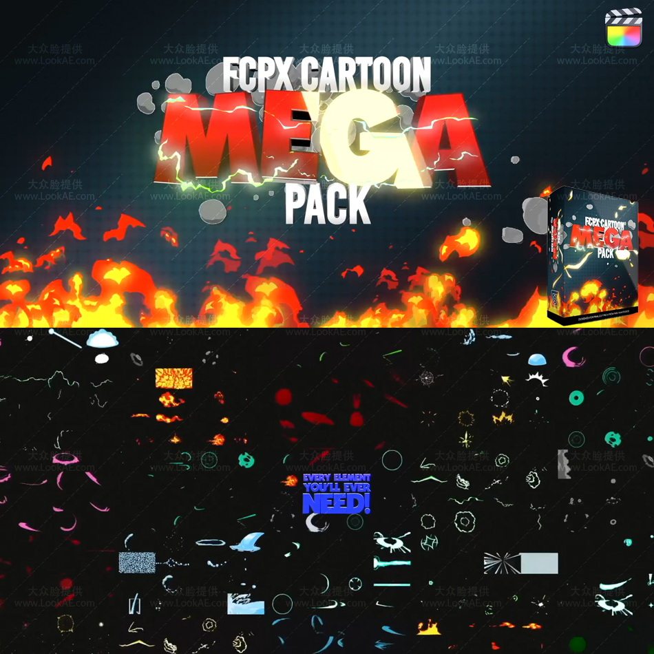 FCPX插件-857个卡通手绘魔法能量电流火焰爆炸烟雾流体装饰MG动画