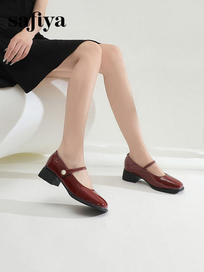 Safiya/索菲娅2024晚晚风复古一字带方头玛丽珍鞋粗跟浅口单鞋女