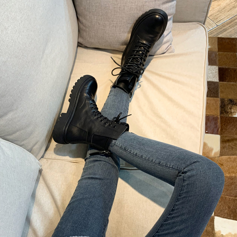 Tidal Mesh Red Locomotive Boots Korea 2021 Winter New Genuine Leather Thick bottom Martin boots Gardown thickened Short boot Female