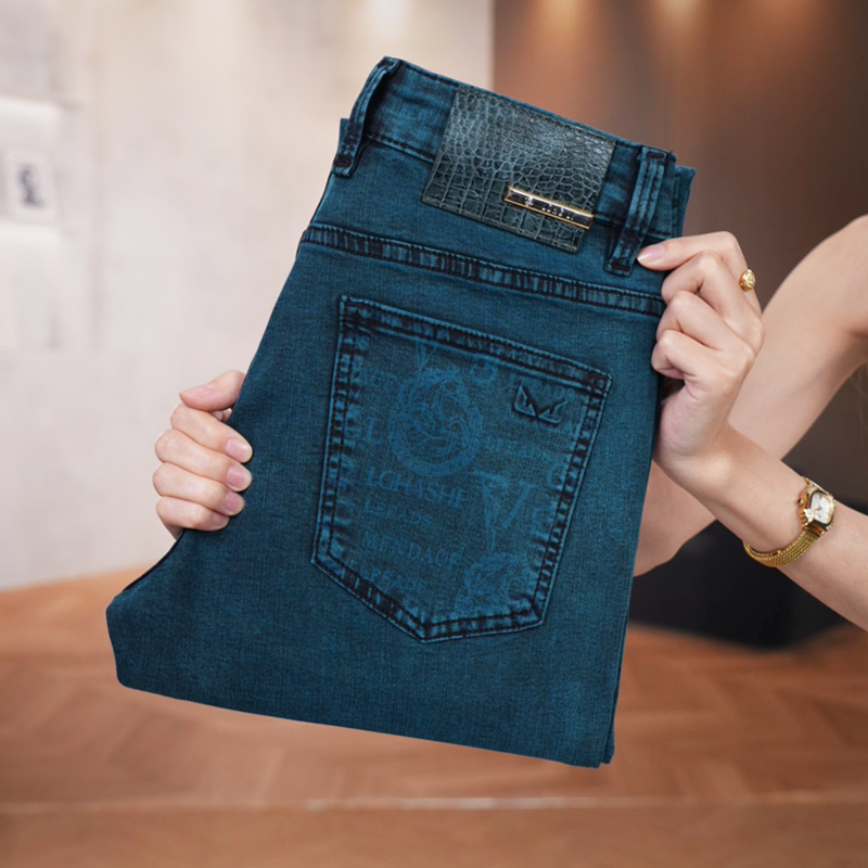Spring New Style Sapphire Blue Jeans for Men, High-End Retro Printed Stretch Pants, Trendy Slim Straight-Leg Pants