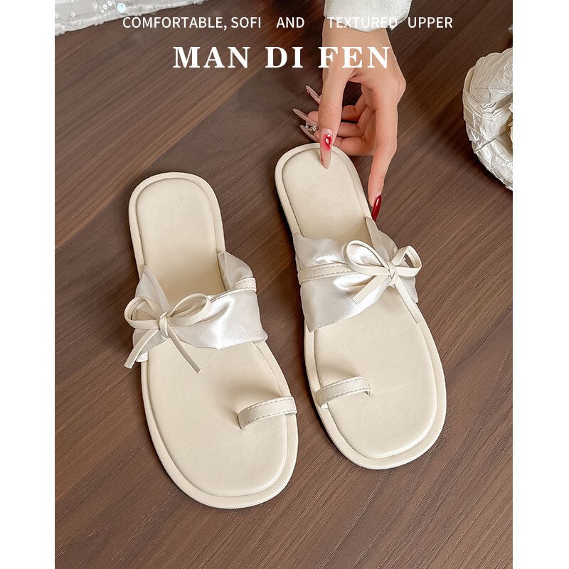 Silk Satin Bow-Tie Slip-On Beach Slippers for Women, Flat-Soled, Breathable, Soft, Non-Slip, Suitable for Summer Outdoor Wear