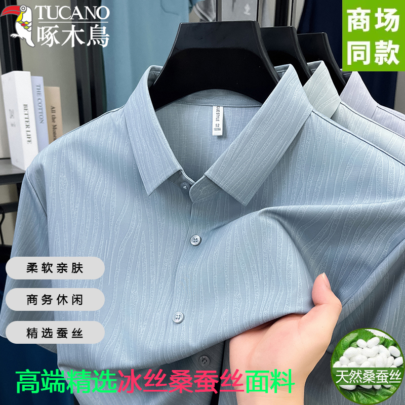 Woodpecker Mulberry Silk Short-Sleeve Shirt for Men, Summer, Middle-Aged Dad, Ice Silk Seamless Shirt, Turn-Down Collar, Non-Iron, Thin Shirt
