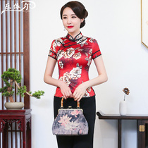 Short-sleeved silk cheongsam jacket Short Improved fashion womens Tang suit National style mother wedding banquet dress