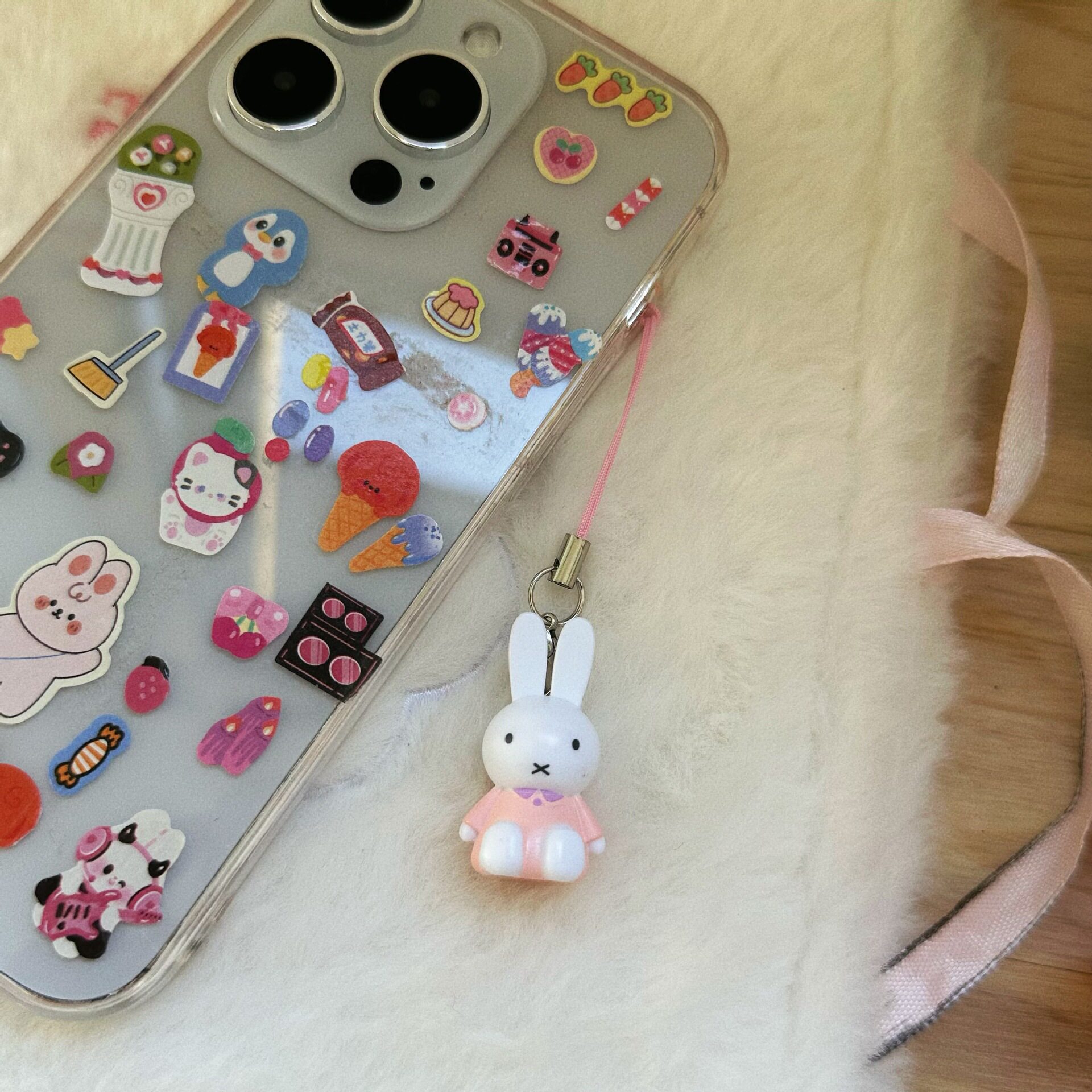 Cute retro animal phone charm, soft and adorable Miffy rabbit cartoon style, Instagram style bunny Guben chain, millennial style