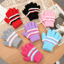 Camel hair gloves winter childrens warm plus velvet five-finger gloves striped simple cold-proof plush gloves