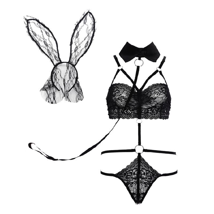 European and American sexy emotional lingerie set uniform temptation bandeau small bra bra with rabbit ear neck loop
