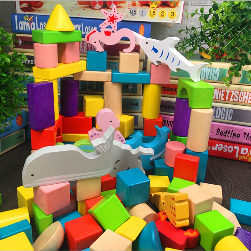 Children's wood block large beech Korea 1 - 3 - 6 years old baby animal dinosaur car spell up with a Yi toy