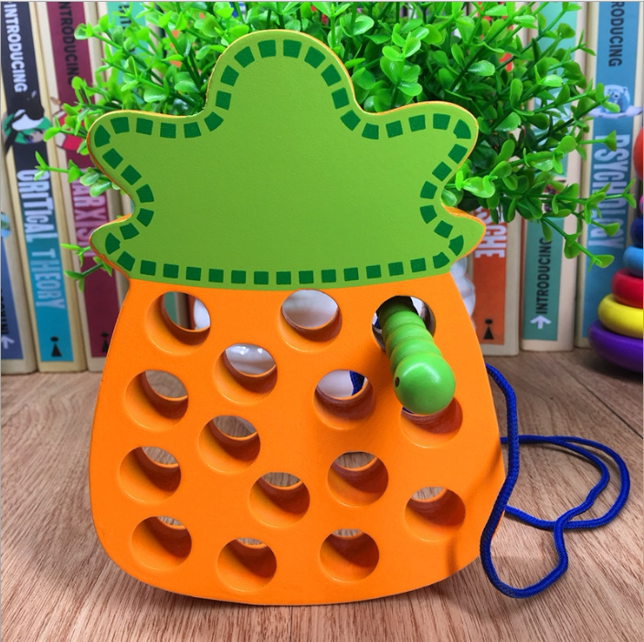 Children's threading board caterpillars eat apples and drill holes to exercise baby's fingers flexible reverse thinking toys 2345 years old