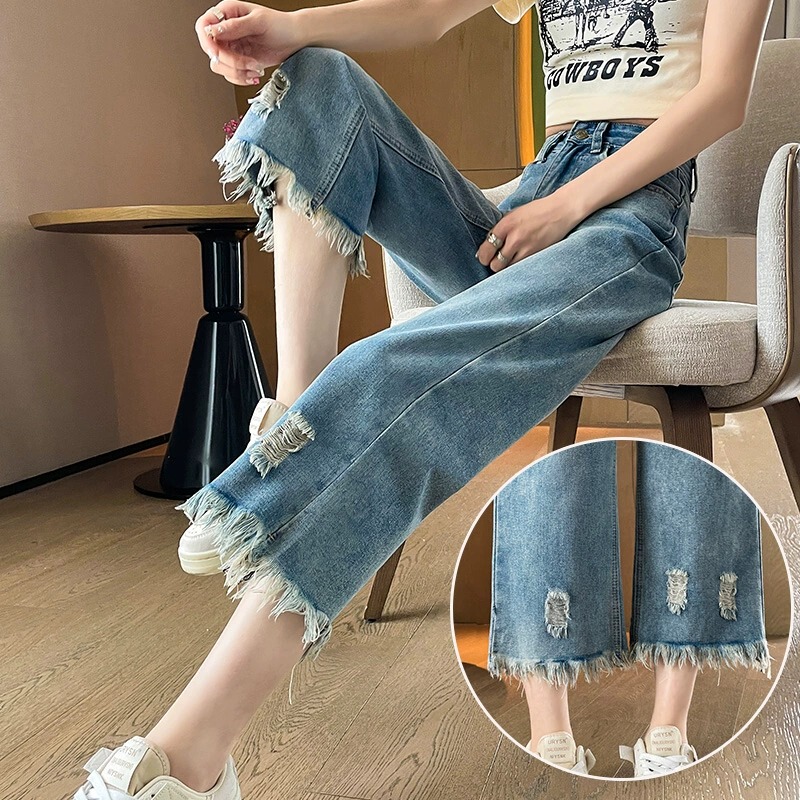 Summer Thin Ripped Jeans for Women, Vintage High-Waisted Frayed Loose Fit Petite Cropped Fringed Straight Wide-Leg Pants Summer Thin Ripped Jeans for Women, Vintage High-Waisted Frayed Loose Fit Petite Cropped Fringed Straight Wide-Leg Pants