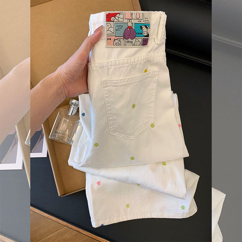 Designed with Floral Embroidery, High-Waisted Wide-Leg Jeans for Women, White, Slimming, Loose, Small Floral Pattern, Straight-Leg Floor-Length Pants for Spring Designed with Floral Embroidery, High-Waisted Wide-Leg Jeans for Women, White, Slimming, Loose, Small Floral Pattern, Straight-Leg Floor-Length Pants for Spring
