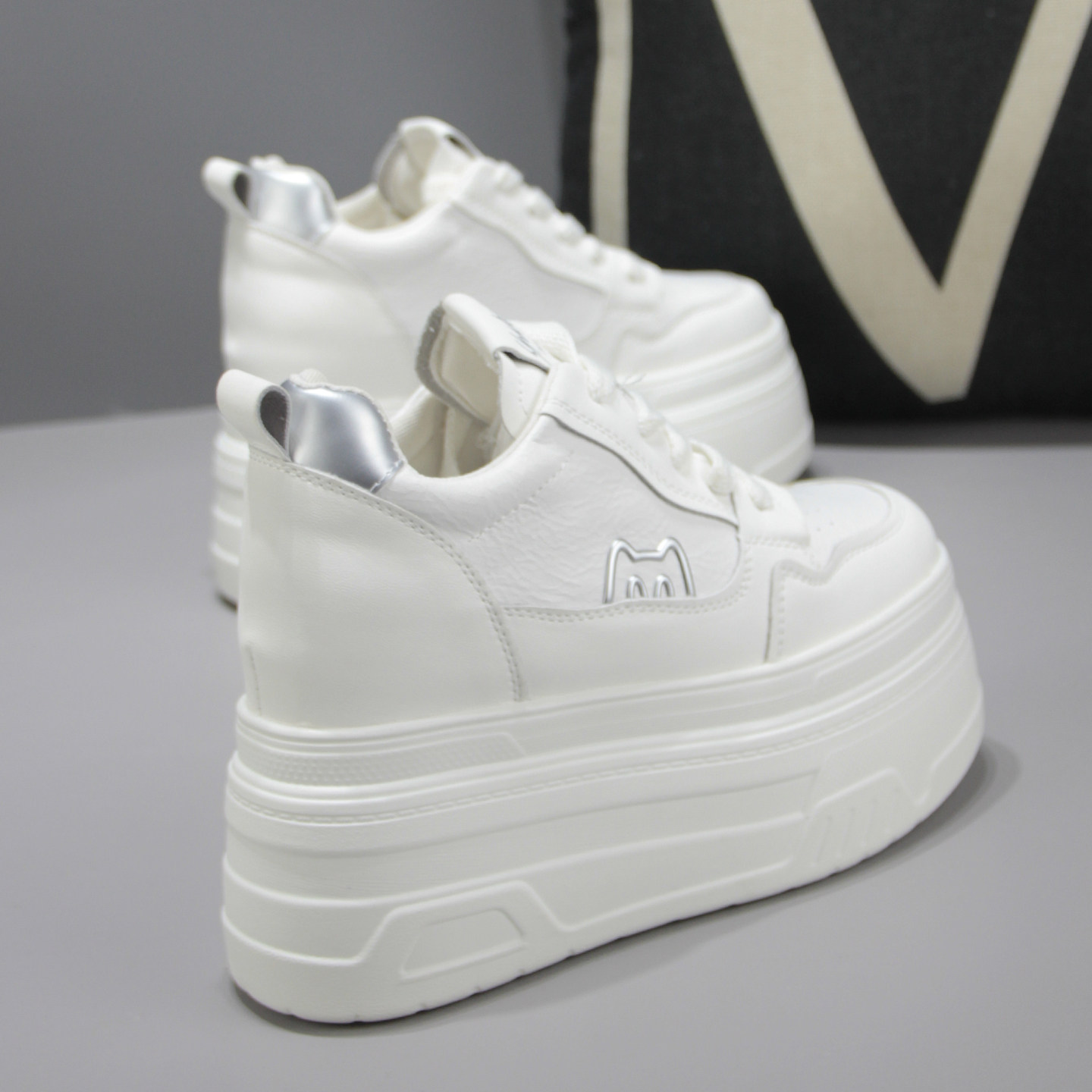 15cm Women's Height-Increasing White Sneakers, Genuine Leather, Thick Sole, Casual, Versatile, 12cm Ultra-High Heel, Spring and Autumn Style Women's Shoes