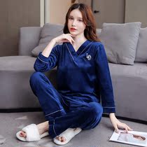 Sleepwear Woman Autumn Winter Island Suede Double Face Suede Warm Cover Head V Collar Suit Korean Version Sweet and cute student Home Residence Suits