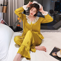 Cute pajamas women long sleeve thin ice silk lace spring and autumn cardigan large size loose household clothing spring and autumn