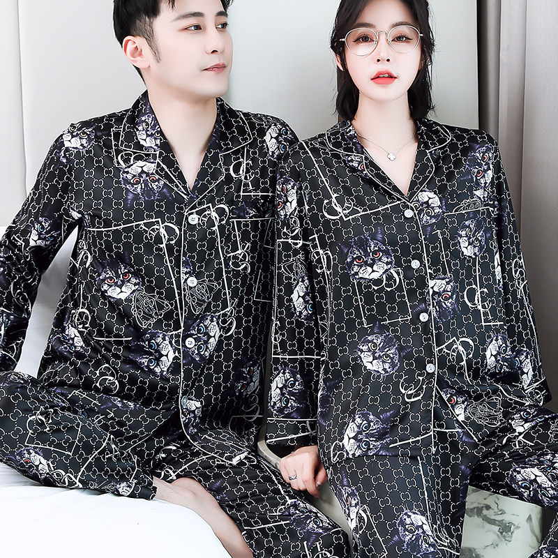 Long-sleeved spring and autumn thin ice silk couple pajamas Summer casual printing suit for men and women personalized home clothes