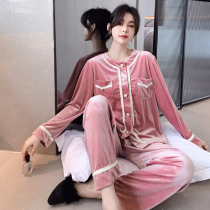 Gold velvet cardiovert pyjamas woman round collar big code Korean version loose autumn winter long sleeve long pants warm family home for spring