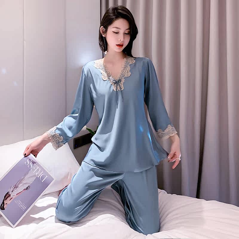 New Spring and Fall Pajamas Lady Long Sleeve Silk Han Label Lace Lady Lady Large Silk Label Lady