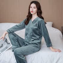 Sleepwear Woman Island Suede Sleeve Head Suit Autumn winter Warm Double-sided Suede Sleeve Head Coral Fleece Thickened Middle-aged Home Clothing