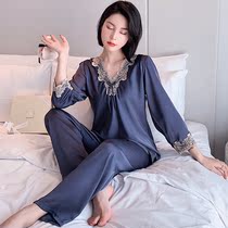 Sexy Spring and Autumn Silk long sleeve pajamas female Korean casual loose pullover lace Sweet Satin home wear