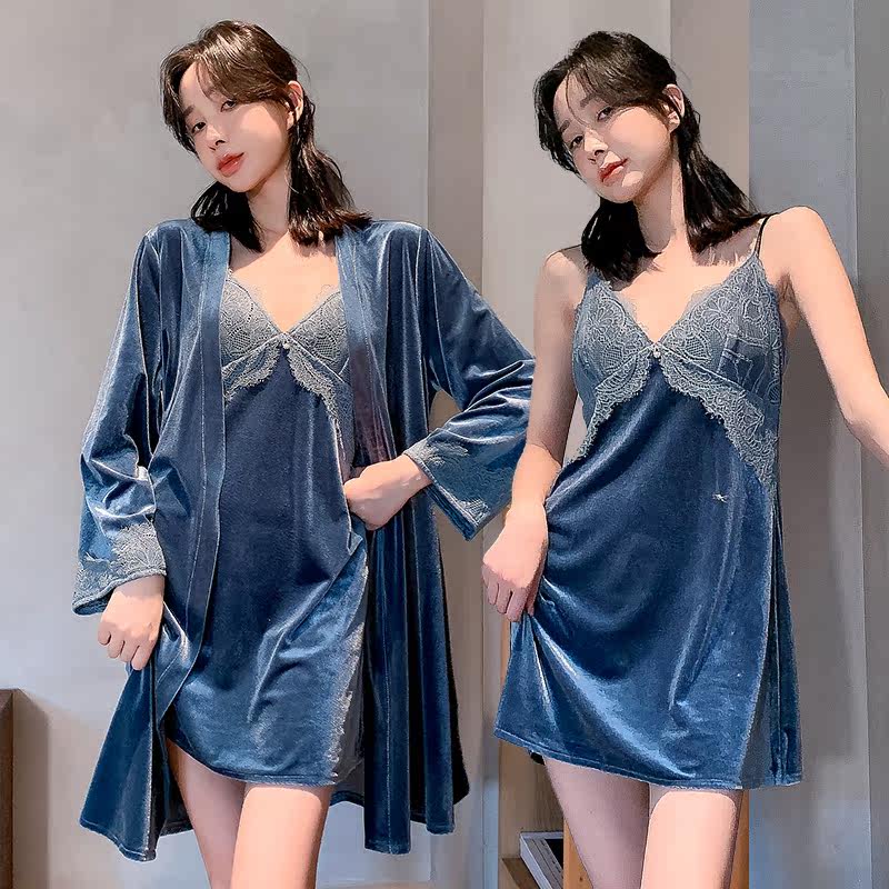 New Ladies Gold Velvet Pajamas Long Sleeve Sexy Sling Robe Lace Bathrobe Set Casual Loose Homewear