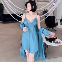 Sexy Pyjamas Lady Summer Ice Silk Thin Korean version Sling Sleeping Dress Sleeping Gown Lace lace Lace Personality Home Dress