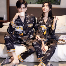Couples printed pajamas womens net red Korean version of loose size Ice Silk Silk long sleeve thin home clothes men spring and autumn